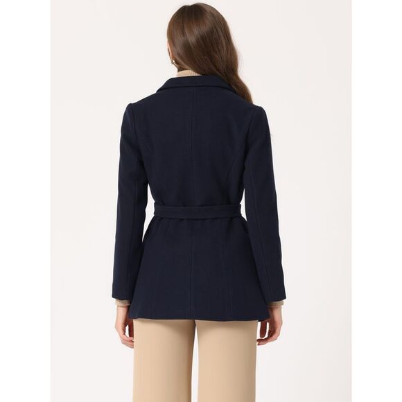 Double Breasted Short Pea Coat Tie Waist Winter Lapel Overcoat Belt Dark Blue - Picture 4 of 5